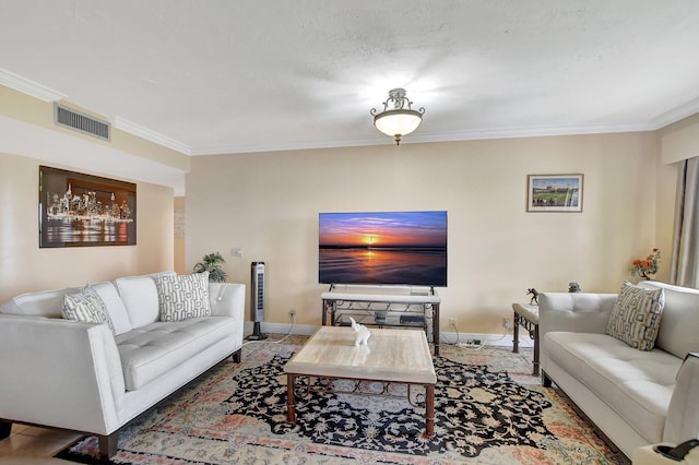 living room with ornamental molding