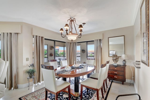 tiled dining space with an inviting chandelier and crown molding