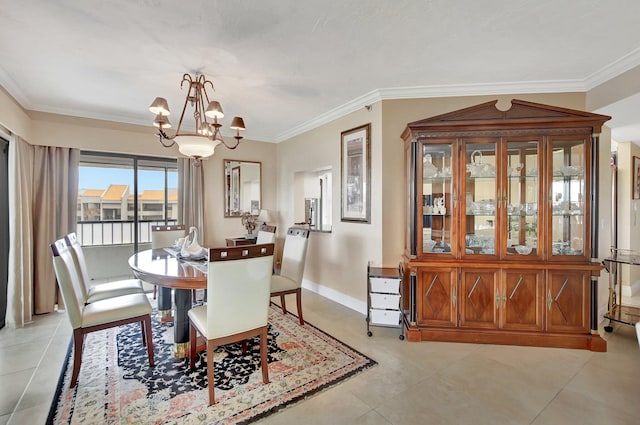 dining space with crown molding, light tile patterned floors, and an inviting chandelier