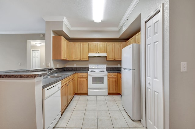 kitchen with sink, crown molding, light tile patterned floors, a textured ceiling, and white appliances