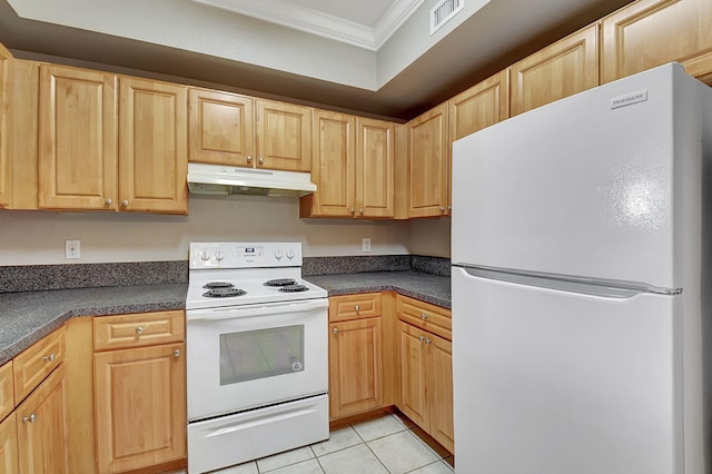 kitchen featuring white appliances, light brown cabinetry, ornamental molding, and light tile patterned floors