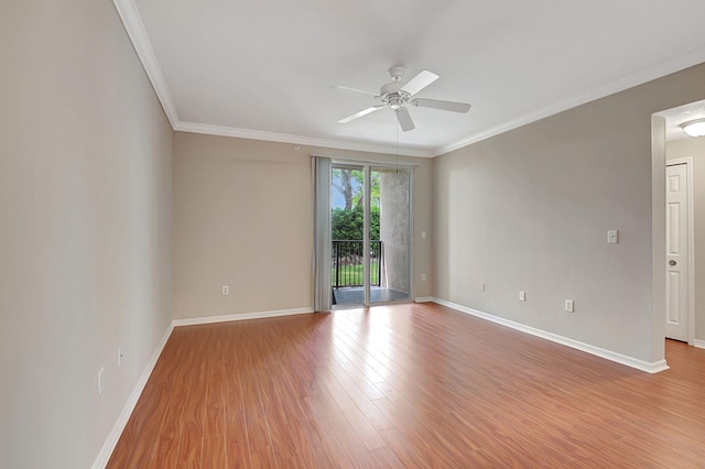 spare room with ornamental molding, light hardwood / wood-style floors, and ceiling fan