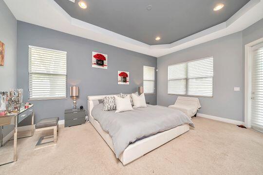 carpeted bedroom featuring multiple windows and a tray ceiling