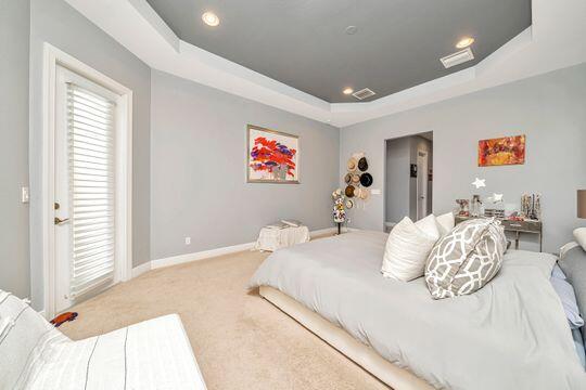 carpeted bedroom with a tray ceiling