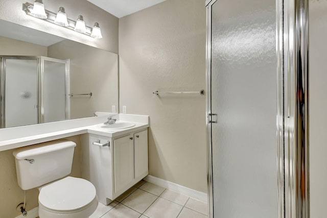 bathroom featuring vanity, walk in shower, toilet, and tile patterned flooring