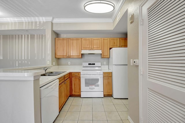 kitchen with ornamental molding, sink, light tile patterned floors, and white appliances