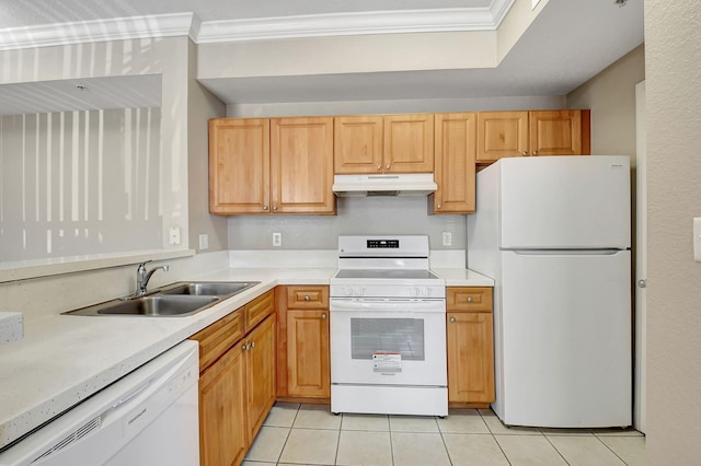 kitchen featuring light tile patterned flooring, crown molding, sink, and white appliances