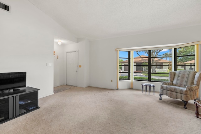 living room with a textured ceiling, lofted ceiling, and light colored carpet