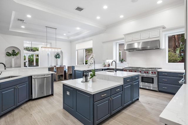 kitchen featuring an island with sink, light wood-type flooring, stainless steel appliances, and plenty of natural light