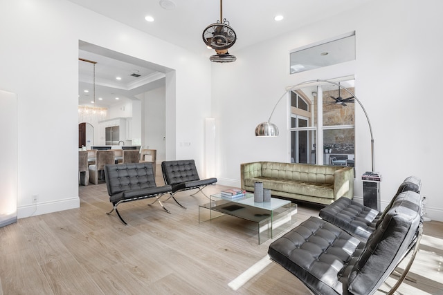 living room featuring light hardwood / wood-style flooring and a high ceiling