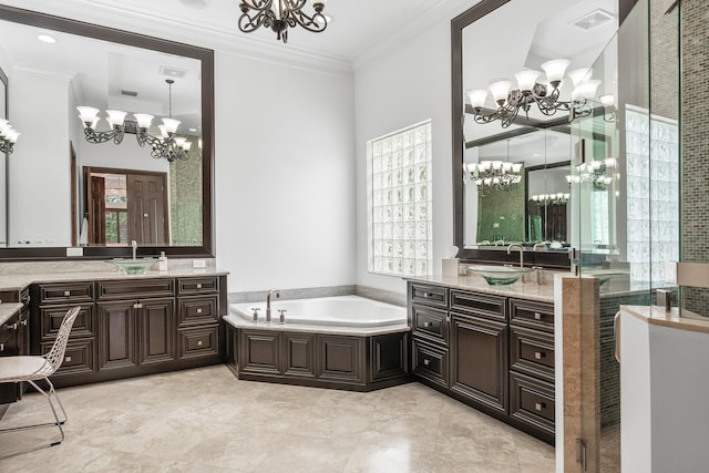 bathroom featuring a notable chandelier, shower with separate bathtub, ornamental molding, tile patterned floors, and dual vanity