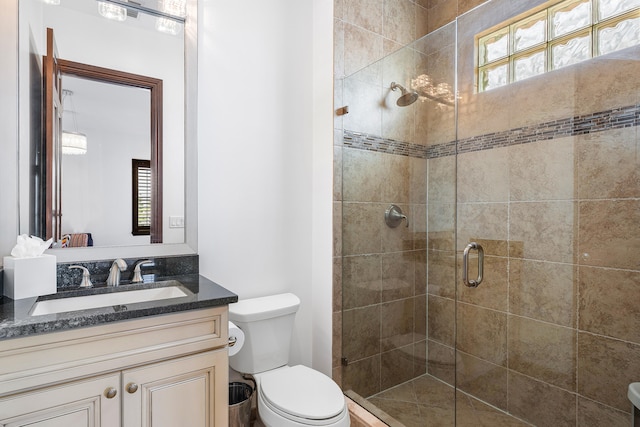 bathroom featuring vanity, a shower with door, and toilet