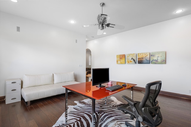 home office featuring ceiling fan and hardwood / wood-style flooring