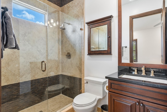 bathroom featuring toilet, an enclosed shower, and vanity