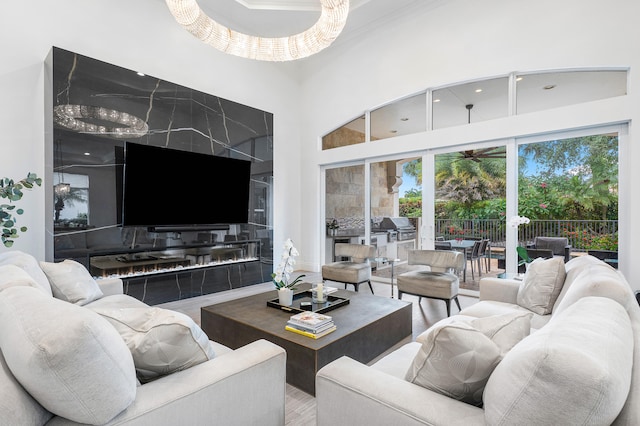 living room featuring a high ceiling