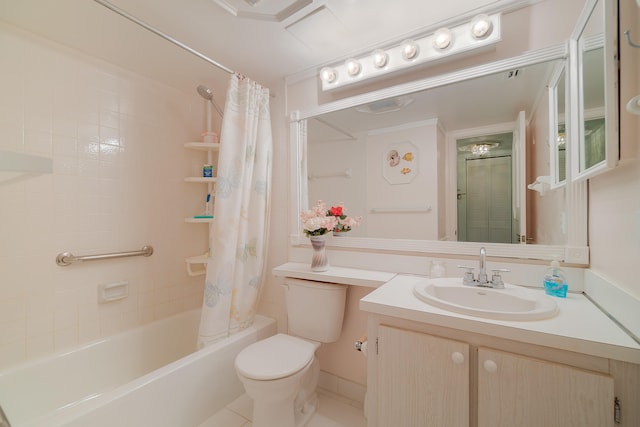 full bathroom featuring shower / bath combo, toilet, tile patterned floors, and vanity