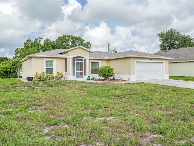 ranch-style house with a garage and a front yard