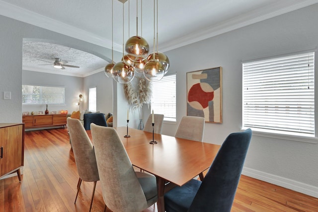 dining space with a textured ceiling, ornamental molding, light hardwood / wood-style floors, and ceiling fan