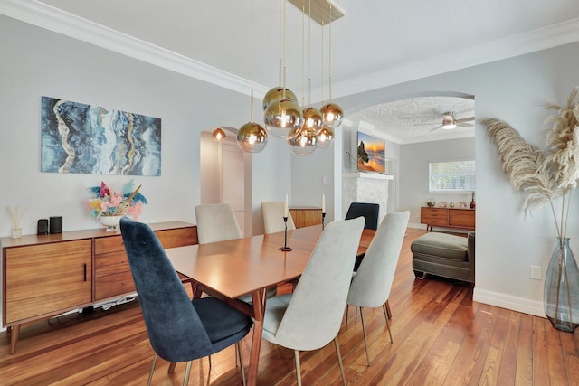 dining room with wood-type flooring, ceiling fan with notable chandelier, and crown molding