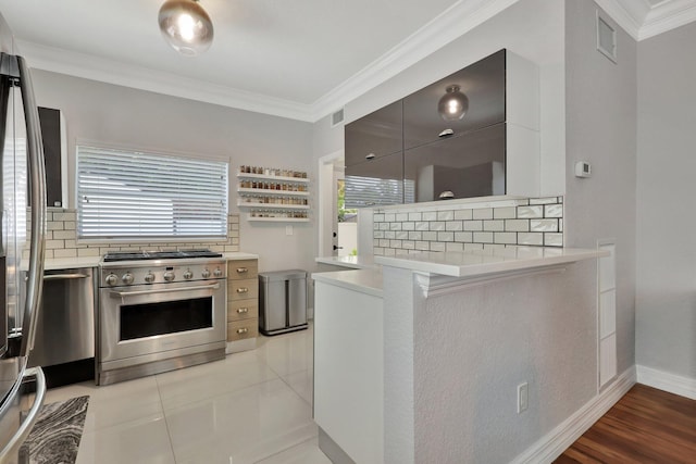 kitchen with ornamental molding, appliances with stainless steel finishes, light hardwood / wood-style floors, and kitchen peninsula