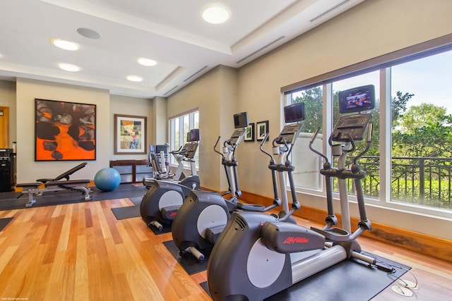 exercise room featuring a raised ceiling and hardwood / wood-style floors