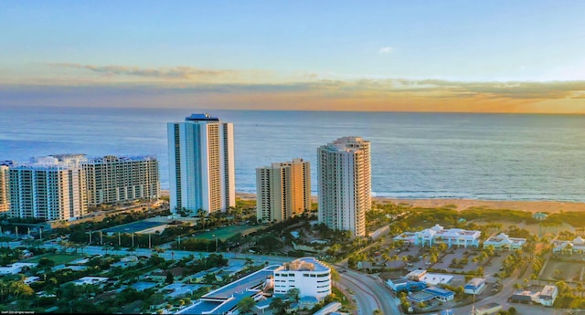 aerial view at dusk with a water view