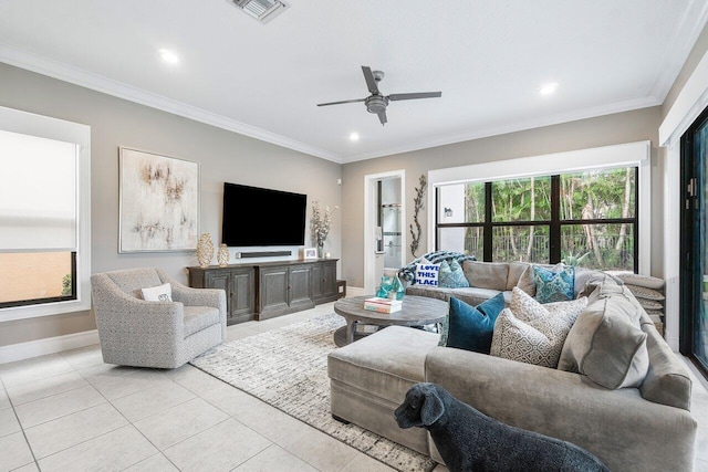 tiled living room featuring crown molding and ceiling fan