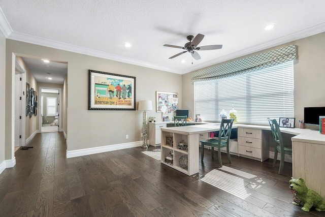 office space featuring dark hardwood / wood-style floors, a textured ceiling, ornamental molding, and ceiling fan