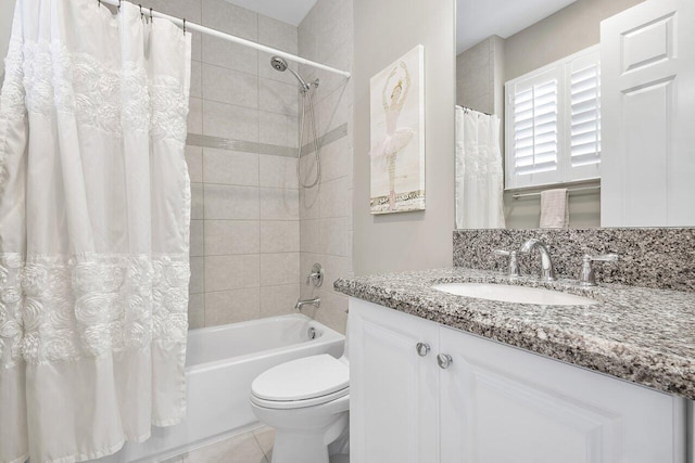 full bathroom with vanity, shower / tub combo with curtain, toilet, and tile patterned floors