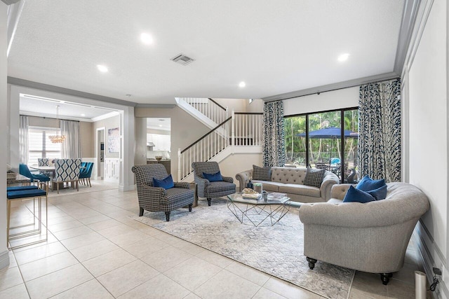 tiled living room featuring crown molding