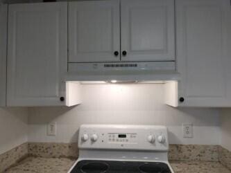 kitchen with range and light stone countertops