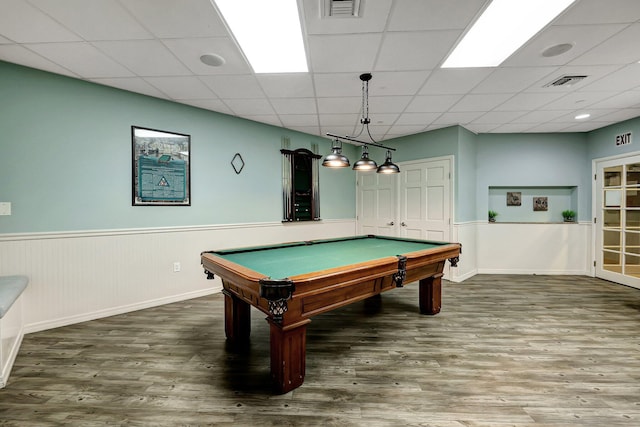 game room featuring pool table, dark wood-type flooring, and a paneled ceiling