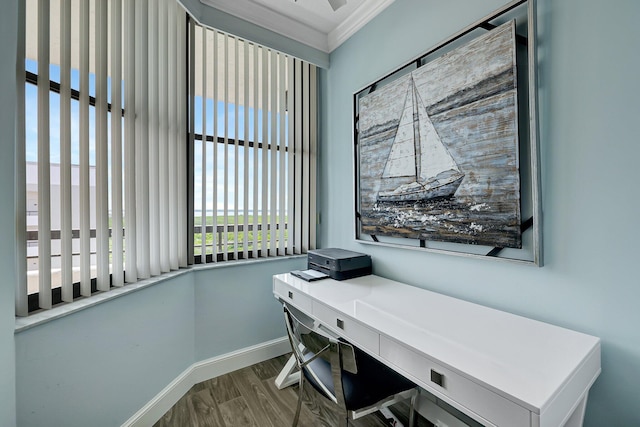 office area with wood-type flooring and ornamental molding