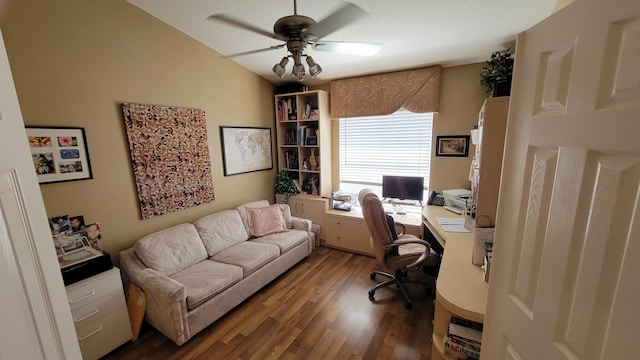 office with ceiling fan, hardwood / wood-style flooring, and vaulted ceiling