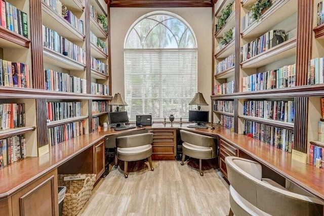 office with light hardwood / wood-style floors and built in desk