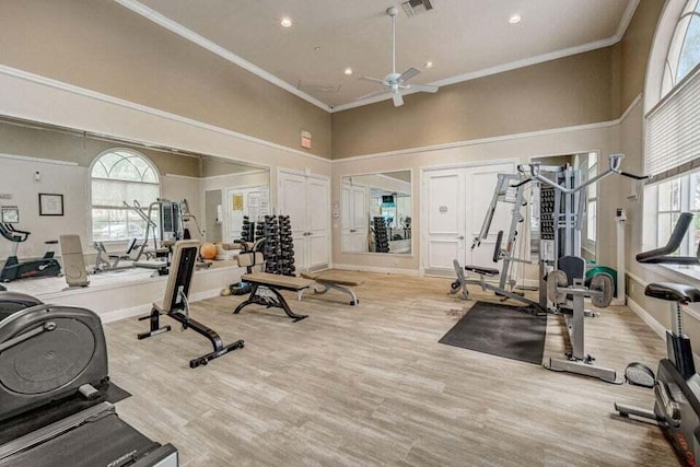 exercise room featuring a wealth of natural light, a high ceiling, ceiling fan, and light hardwood / wood-style floors