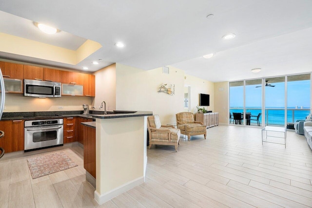 kitchen featuring light wood-type flooring, stainless steel appliances, floor to ceiling windows, sink, and kitchen peninsula