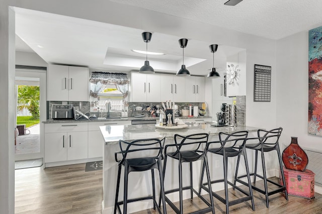 kitchen featuring kitchen peninsula, light hardwood / wood-style flooring, a wealth of natural light, and decorative backsplash