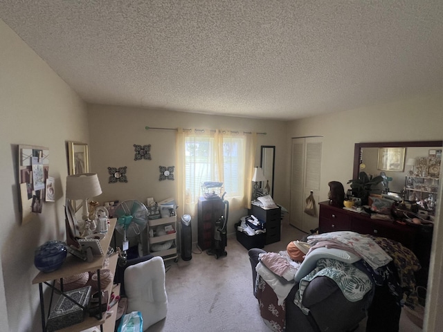 carpeted living room with a textured ceiling