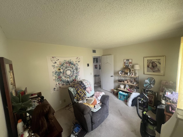 living room featuring carpet flooring and a textured ceiling