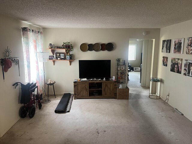 living room with light carpet and a textured ceiling