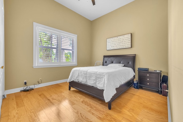 bedroom featuring light hardwood / wood-style flooring and ceiling fan