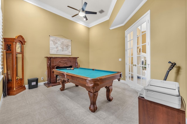 game room with crown molding, ceiling fan, pool table, and french doors