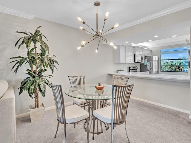 dining space with crown molding, light colored carpet, and a chandelier