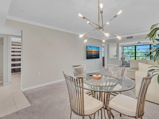 dining area featuring an inviting chandelier, crown molding, and light tile patterned flooring