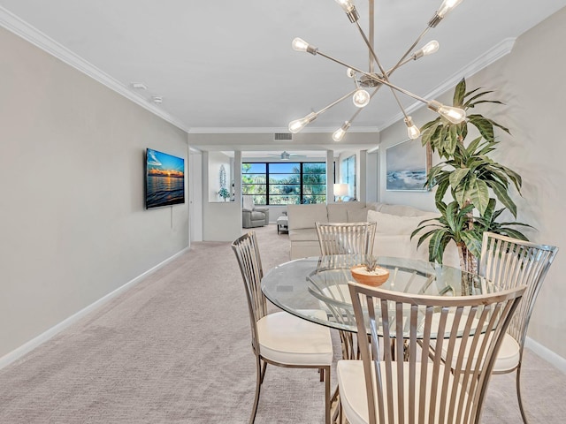 dining area with light colored carpet and ornamental molding