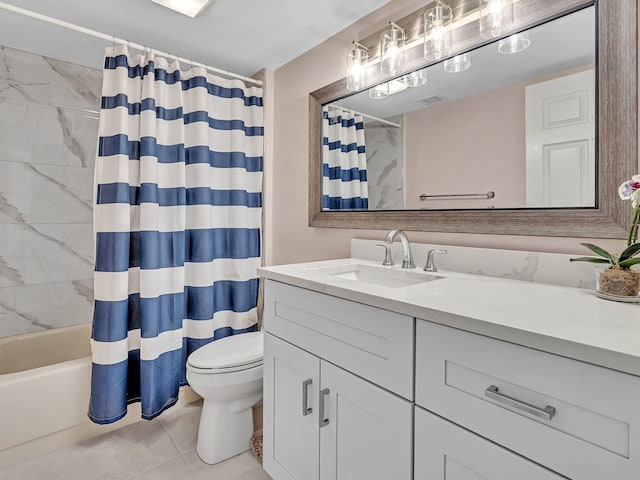 full bathroom with shower / bath combination with curtain, tile patterned floors, vanity, and toilet