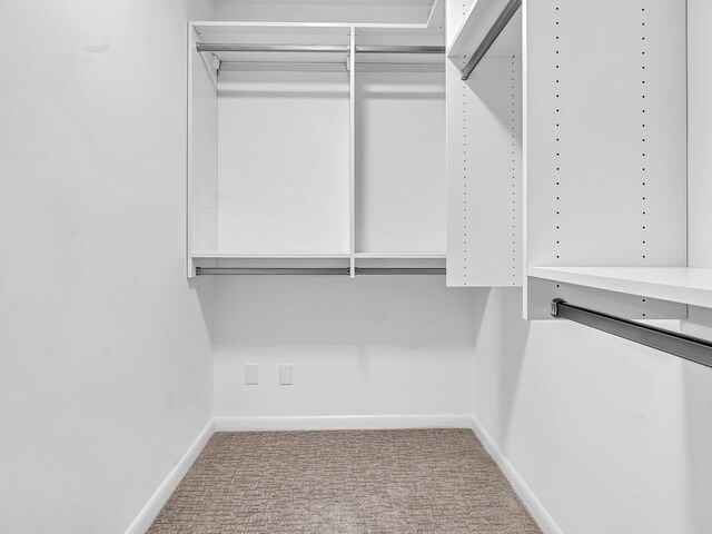 walk in closet featuring light carpet