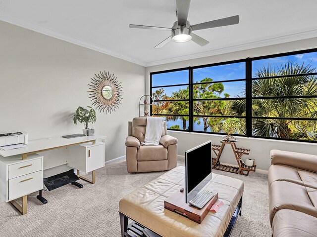 interior space featuring crown molding and ceiling fan