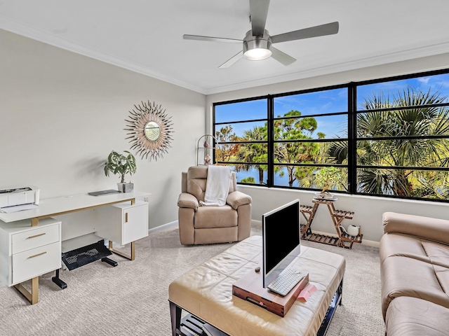 interior space featuring crown molding and ceiling fan